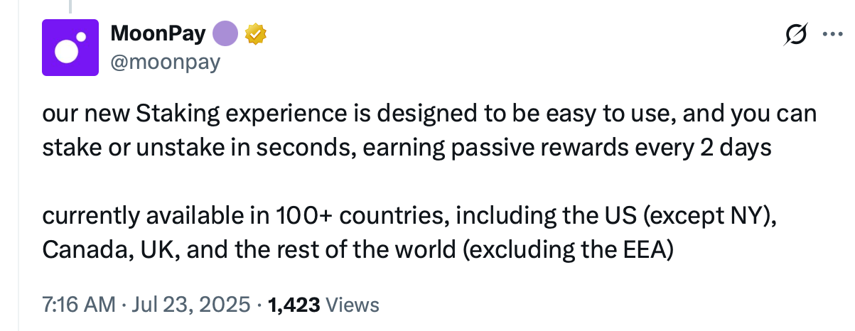 MoonPay launches Solana staking as investor demand for onchain yield grows