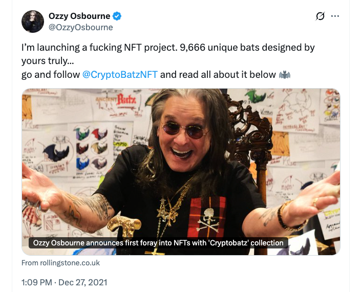 Ozzy Osbourne&rsquo;s passing sparks 400% surge in CryptoBatz NFTs