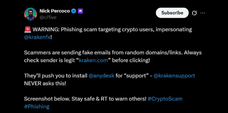 Kraken CSO Warns of Scam Emails Posing as Exchange