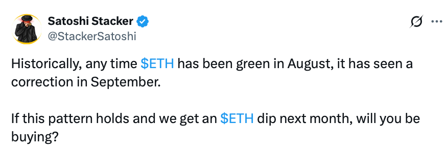 Ether&rsquo;s August rally could lead to September downtrend, history suggests