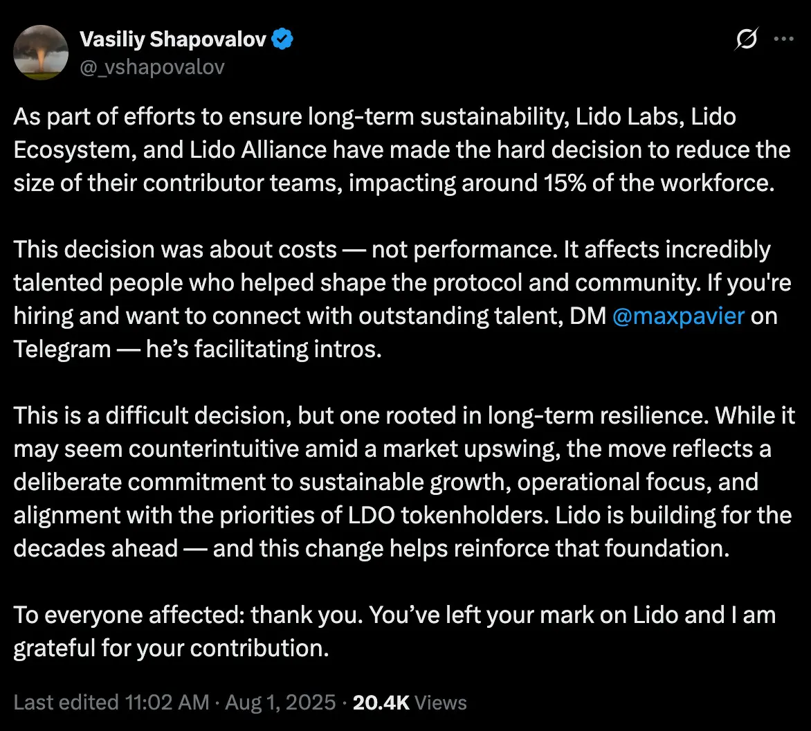 Lido wants to reduce its contributor teams&rsquo; workforce by 15%