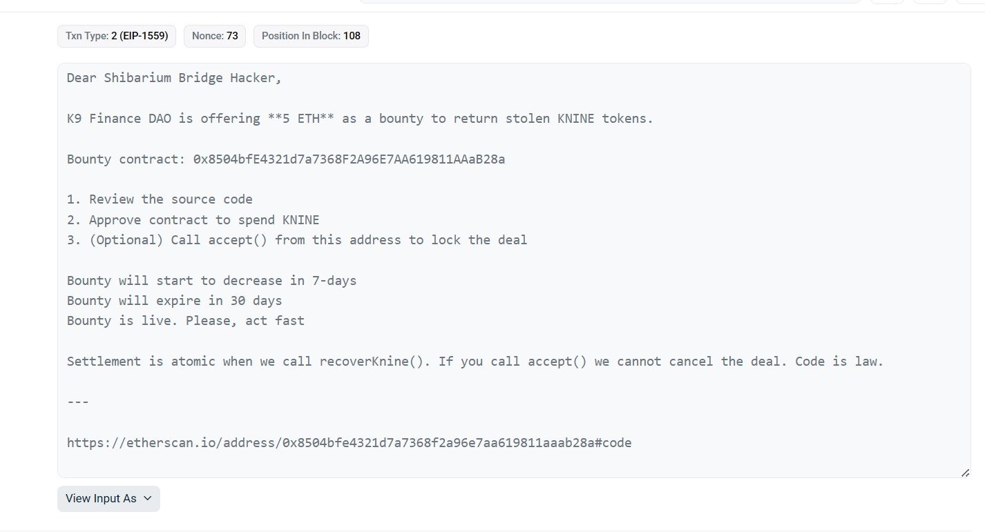 K9 Finance offers $23K bounty after $2.4M Shibarium exploit