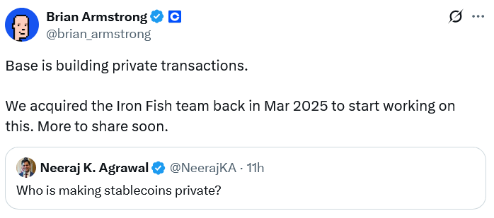 Coinbase CEO reveals 'private transactions' are coming to Base