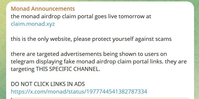 Monad co-founder flags Telegram ad scam in official channel ahead of airdrop