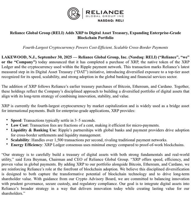Reliance Group Buys $17M Worth of XRP for Treasury, Expert Says Move Could Go Beyond Investment Reliance Group Buys $17M Worth of XRP for Treasury, Expert Says Move Could Go Beyond Investment