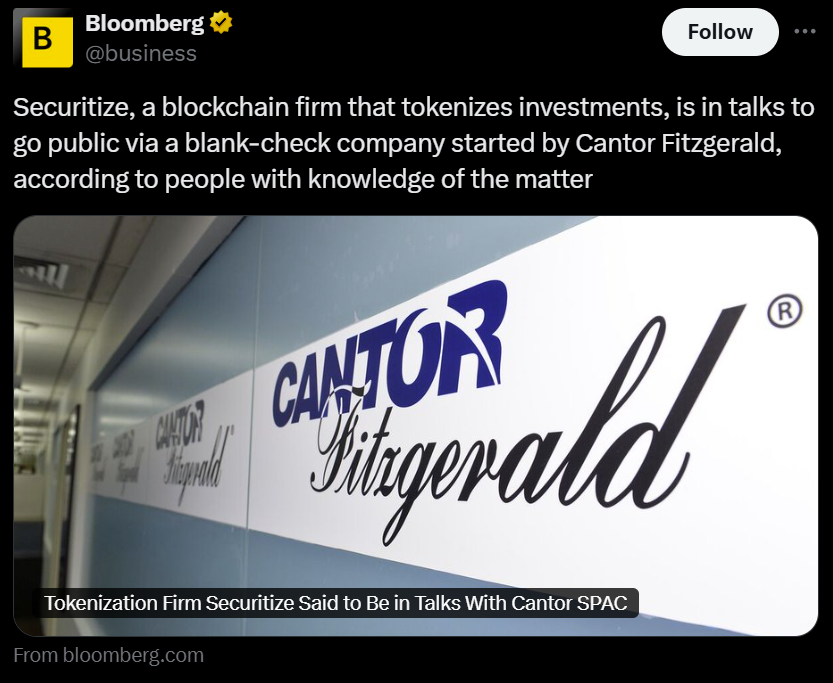 Securitize in talks to go public via Cantor&rsquo;s blank-check firm: Report