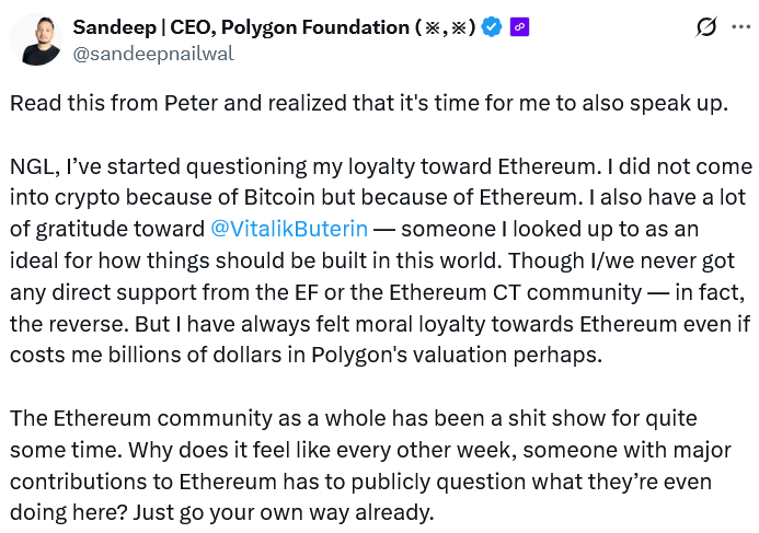 Polygon boss says he's been 'questioning his loyalty' toward Ethereum