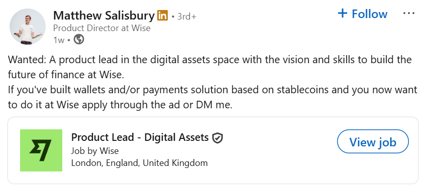 Wise hints at stablecoin ambitions with new digital-asset product lead hire