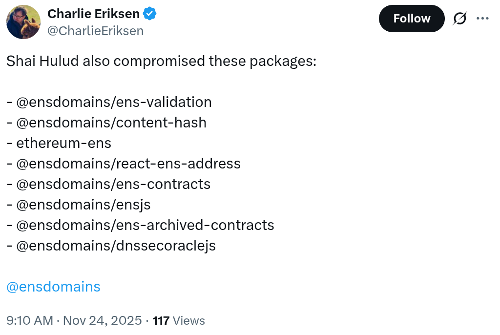 New NPM supply-chain attack compromises major ENS and crypto libraries