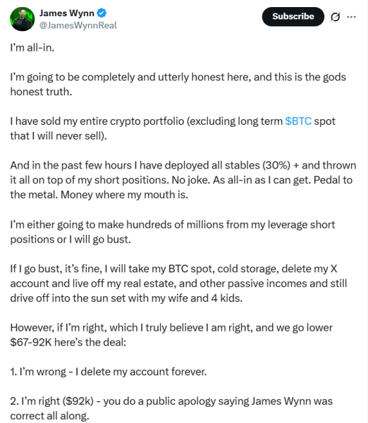 James Wynn goes &lsquo;all-in&rsquo; on shorting Bitcoin after 12 liquidations in 12 hours