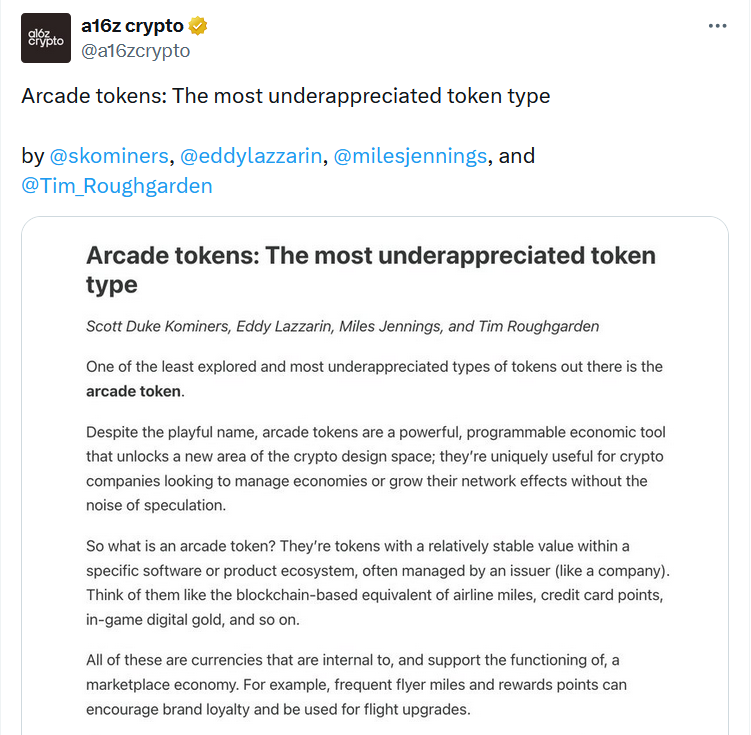 Arcade tokens are a &lsquo;critical building block&rsquo; in crypto&rsquo;s evolution: a16z