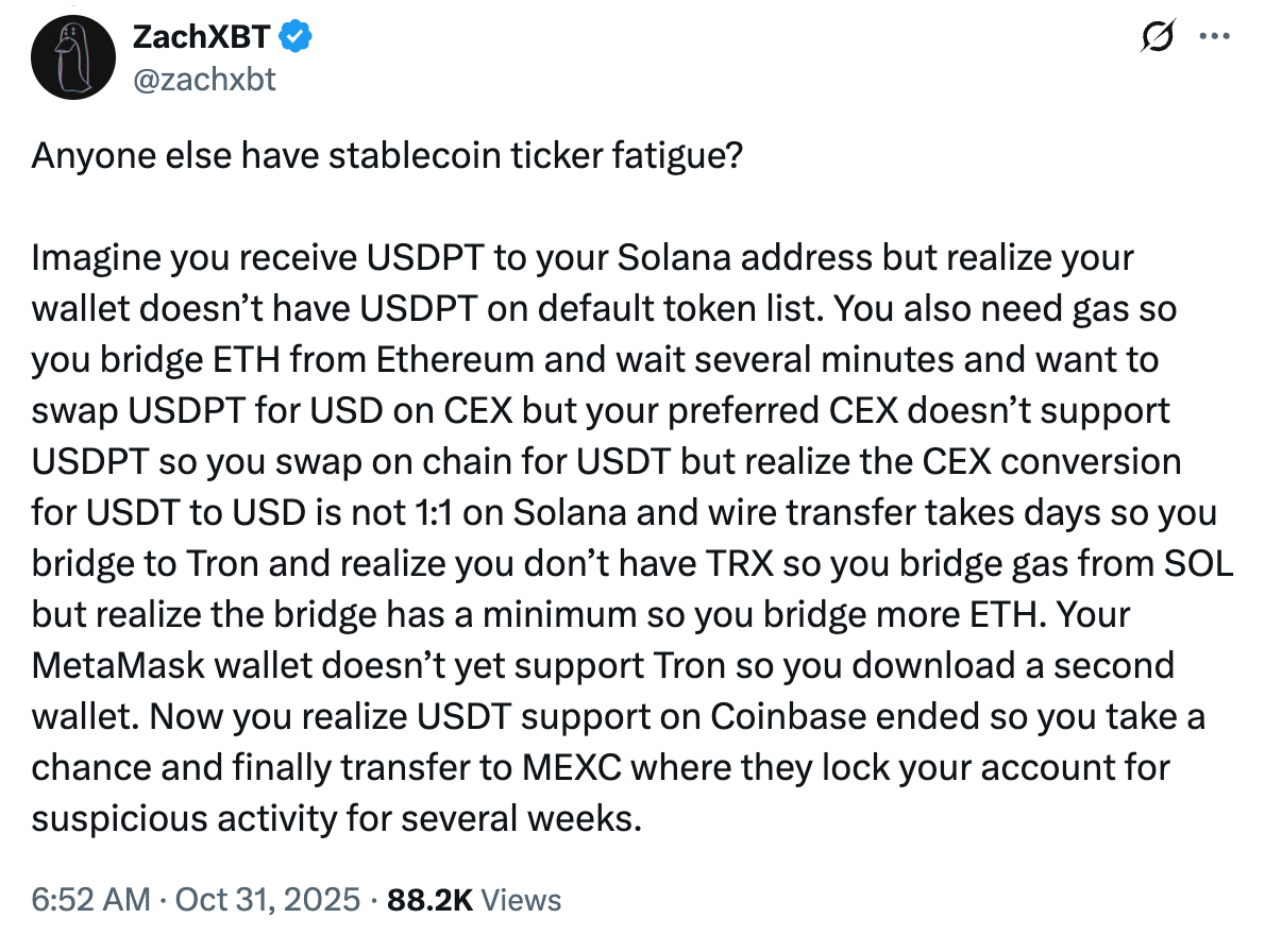 Poor UX is causing stablecoin 'ticker fatigue': ZachXBT