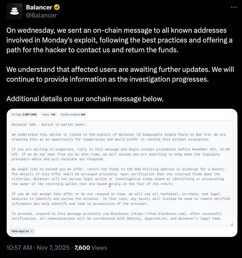 Balancer makes last appeal to hacker behind $100M+ exploit Balancer makes last appeal to hacker behind $100M+ exploit
