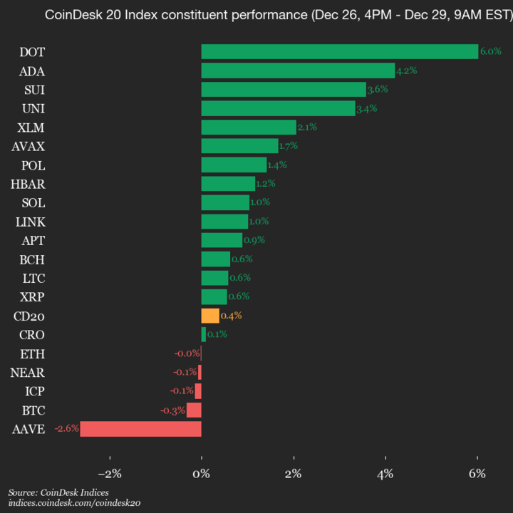 CoinDesk 20 Performance Update: Polkadot (DOT) Rises 6% Over Weekend