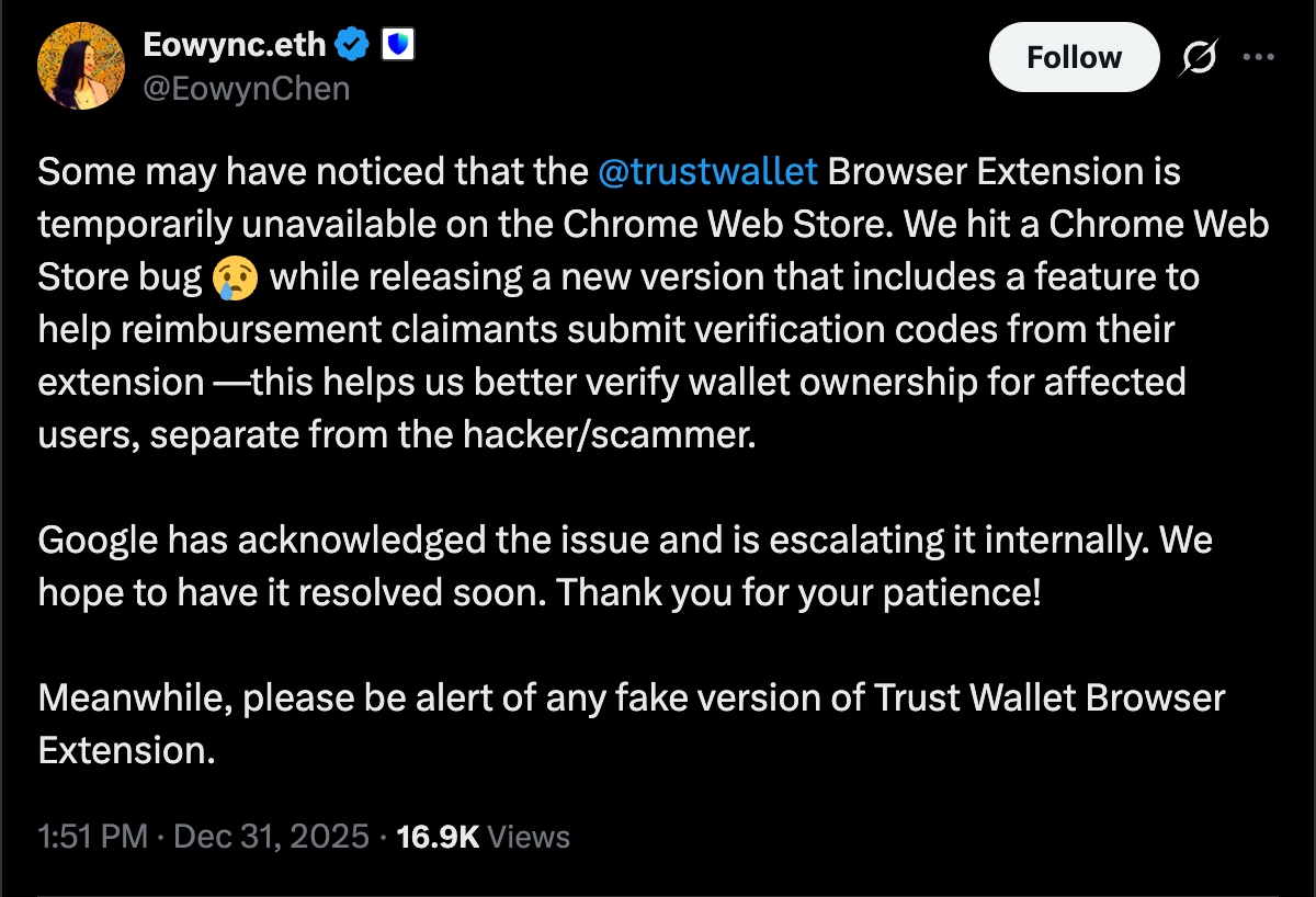 Trust Wallet browser extension knocked offline by Chrome Store 'bug,' CEO says
