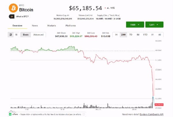 Bitcoin slides 5%, tumbling below $65,000 as whale selling grows and recent buyers lock in losses