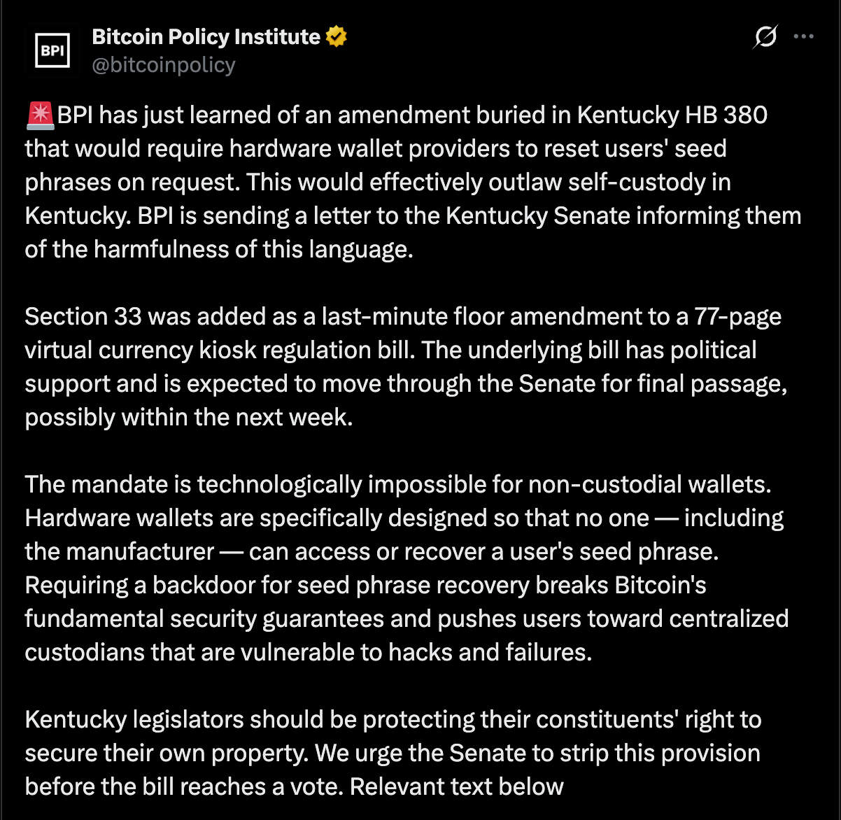 BPI sounds alarm on 'backdoor' for hardware wallets in Kentucky crypto bill