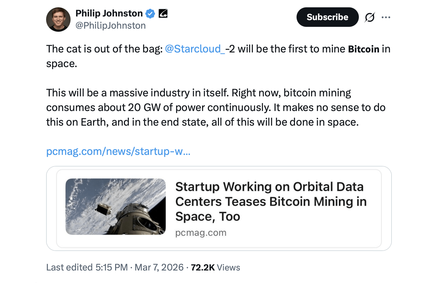 Startup Starcloud Plans First Bitcoin Mining Satellite in Low-Earth Orbit Startup Starcloud Plans First Bitcoin Mining Satellite in Low-Earth Orbit