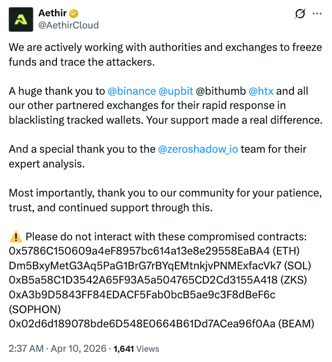 Aethir halts bridge exploit, promises compensation after $90K loss