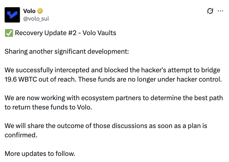 Volo claims successful recovery of ‘90% of stolen funds’ within days of exploit Volo claims successful recovery of ‘90% of stolen funds’ within days of exploit