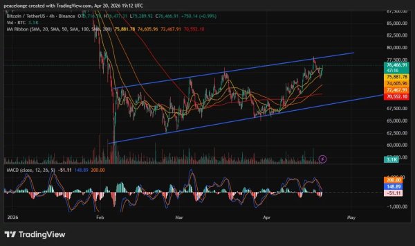 Will Bitcoin price break above $77,500 or reverse as the 4H MACD prints a bearish crossover at ascending channel resistance?