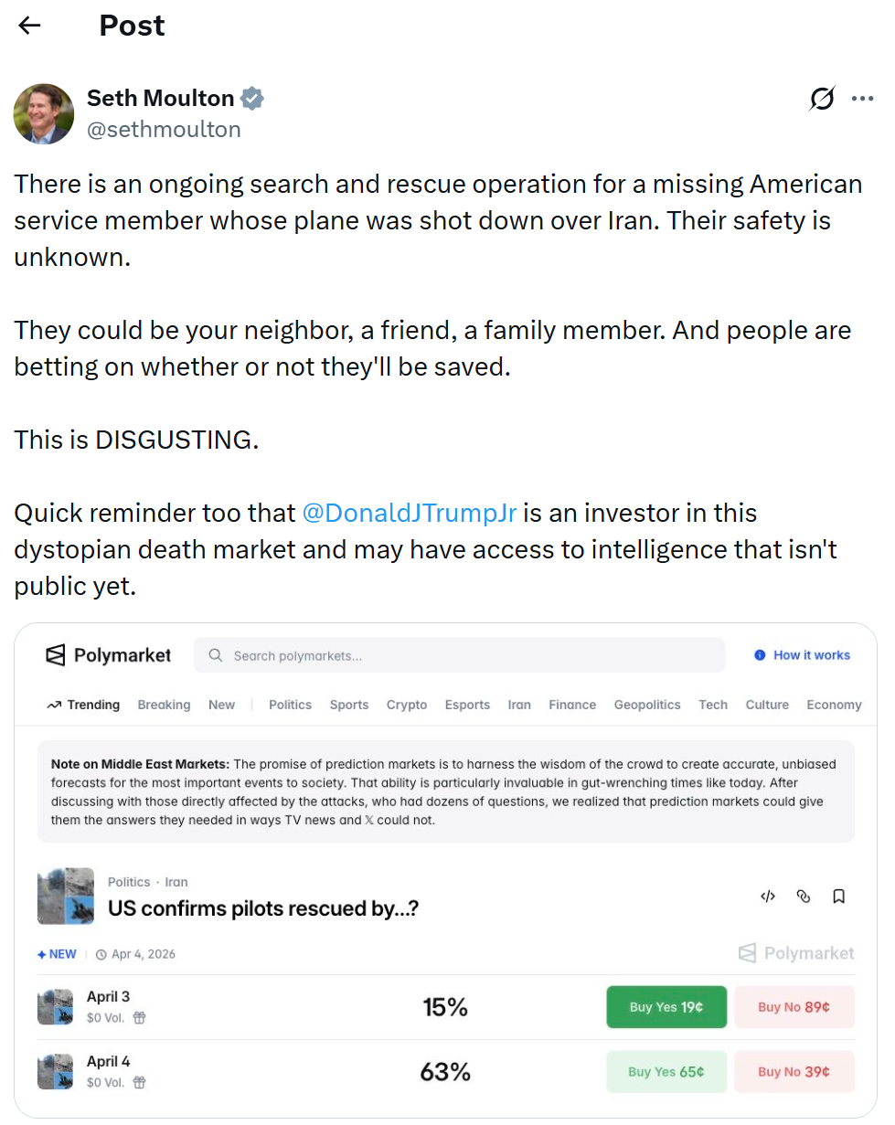 Polymarket takes down market on missing US pilot after backlash