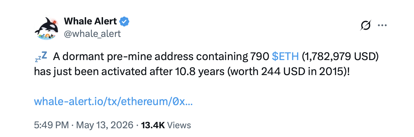 Genesis Wallet Dormant Since 2015 Transfers 790 ETH Worth $1.78 Million