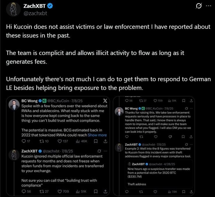 ZachXBT Accuses Kucoin of Shielding $13M in Stolen Crypto From German Investigators ZachXBT Accuses Kucoin of Shielding $13M in Stolen Crypto From German Investigators