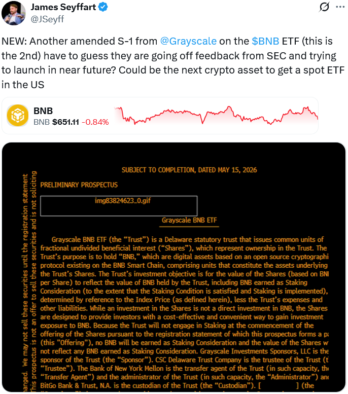 Grayscale, VanEck amend US spot BNB ETF filings, stepping closer to a potential launch