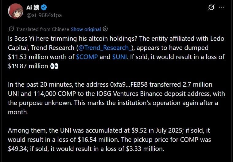 Whale Who Spent $62M on Uniswap and Compound Tokens Is Now Selling at a $39.7M Loss
