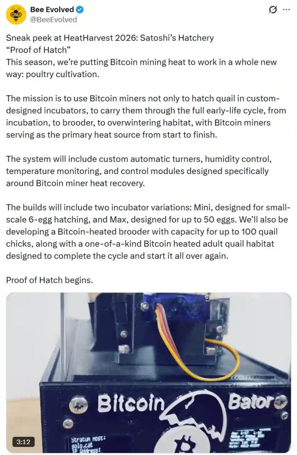 Bitcoin Mining Operation Builds BTC-Powered Quail Incubators And Brooders
