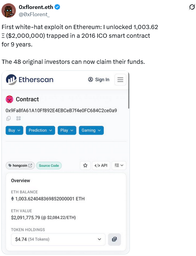White hat hacker recovers $2M from faulty 2016 ICO smart contract