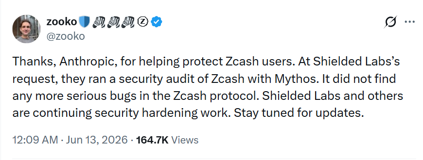 Anthropic's Mythos AI finds no more 'serious' bugs in Zcash: Wilcox Anthropic's Mythos AI finds no more 'serious' bugs in Zcash: Wilcox