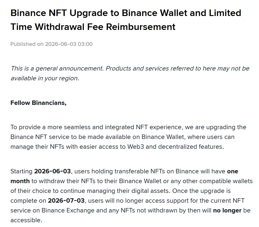 Binance to end NFT support on exchange, shift service to wallet