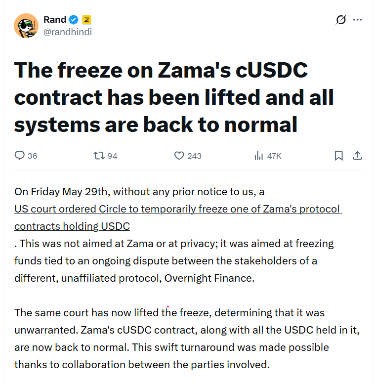Zama accelerates compliance after court lifts $12.5M USDC freeze