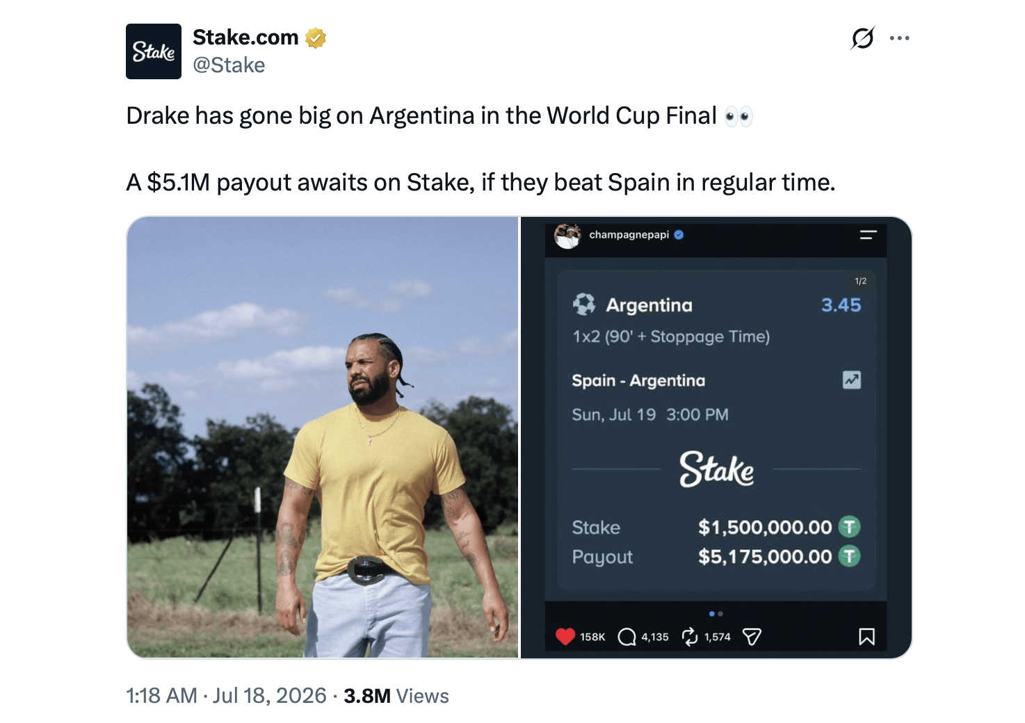 Drake Drops $1.5M USDT Bet on Argentina Despite Spain's World Cup Edge Drake Drops $1.5M USDT Bet on Argentina Despite Spain's World Cup Edge