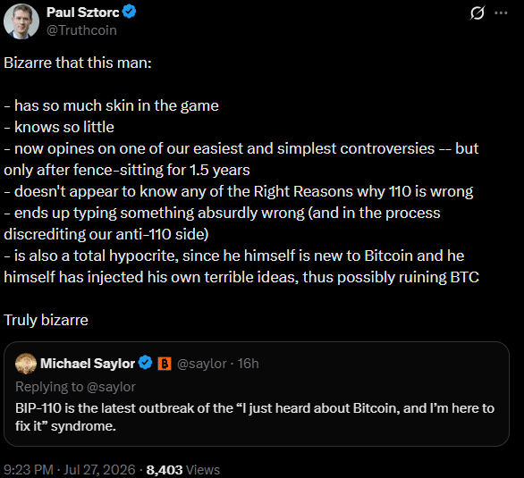 Michael Saylor slams BIP-110 fork supporters: &lsquo;Don&rsquo;t fix what&rsquo;s not broken!&rsquo;