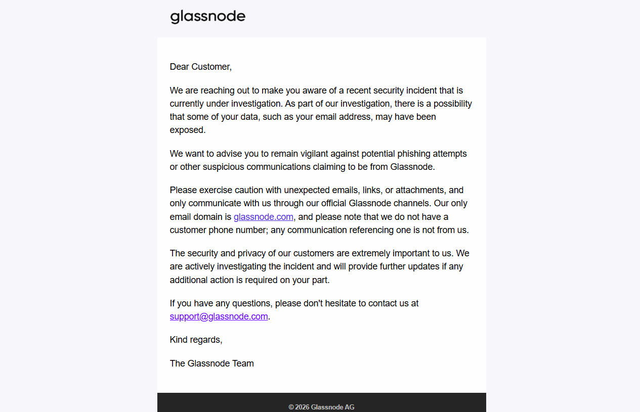 Glassnode flags possible data exposure, warns customers of phishing risk