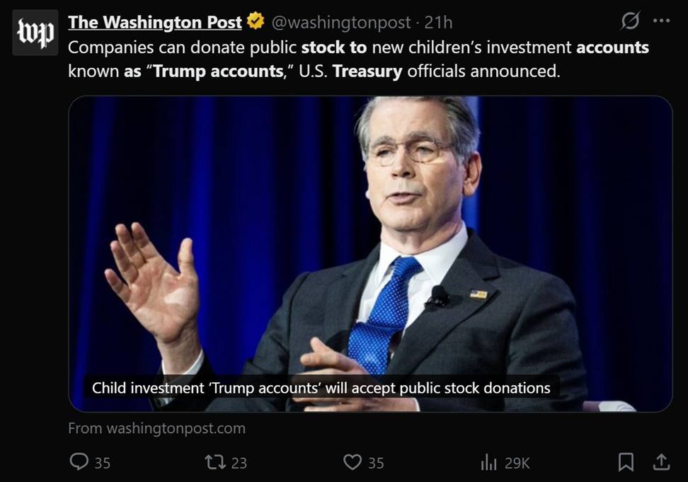 US Treasury Opens 'Trump Accounts' to Stock Donations as 6 Million Families Enroll