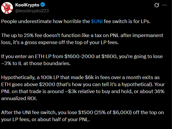 Why Uniswap liquidity providers say the protocol fee switch &lsquo;can&rsquo;t work&rsquo;