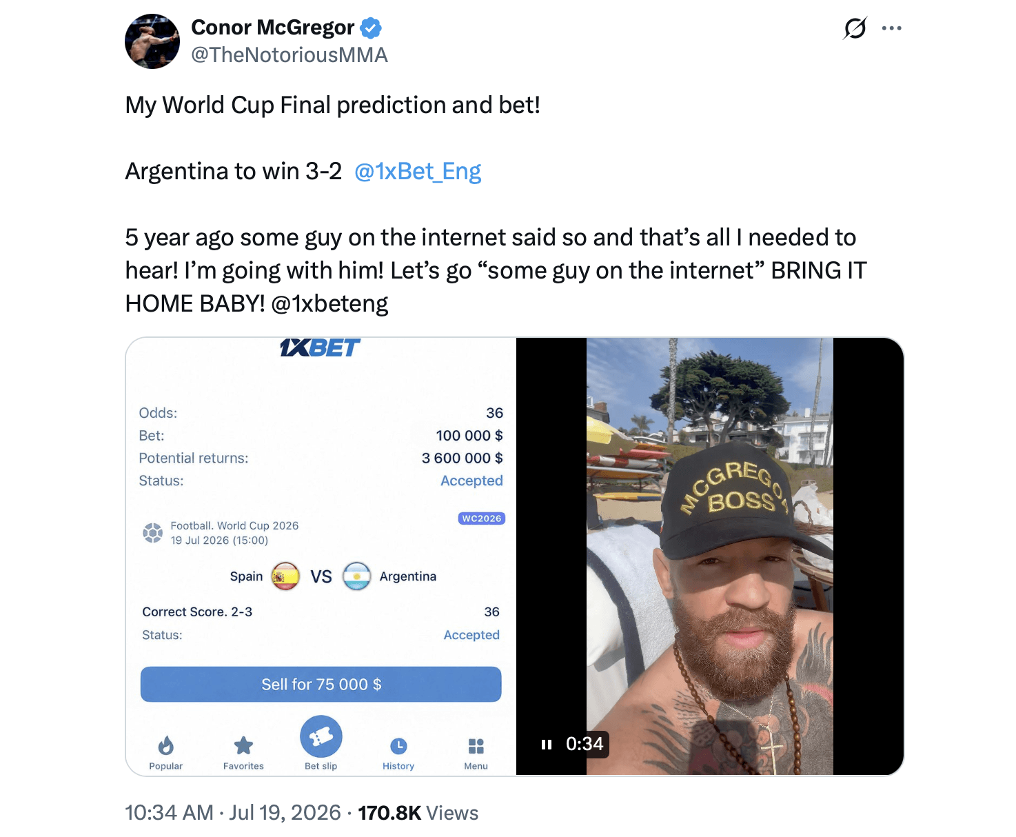Former UFC Champion Conor McGregor Risks $100K on Viral 3-2 World Cup Prophecy With a $3.6M Payday