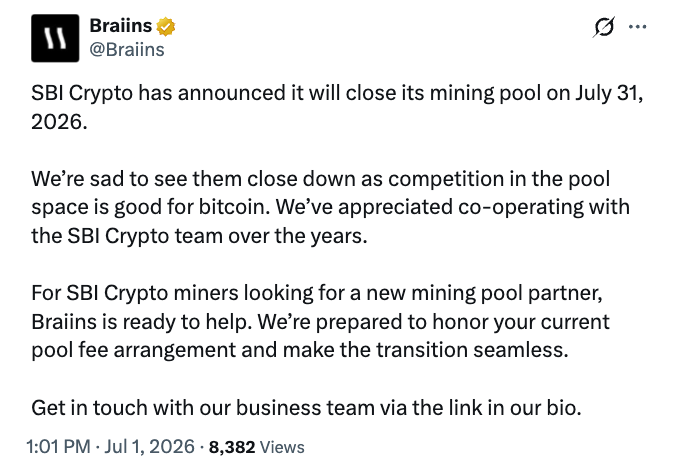 SBI Crypto shuts Bitcoin mining pool after five-year run SBI Crypto shuts Bitcoin mining pool after five-year run