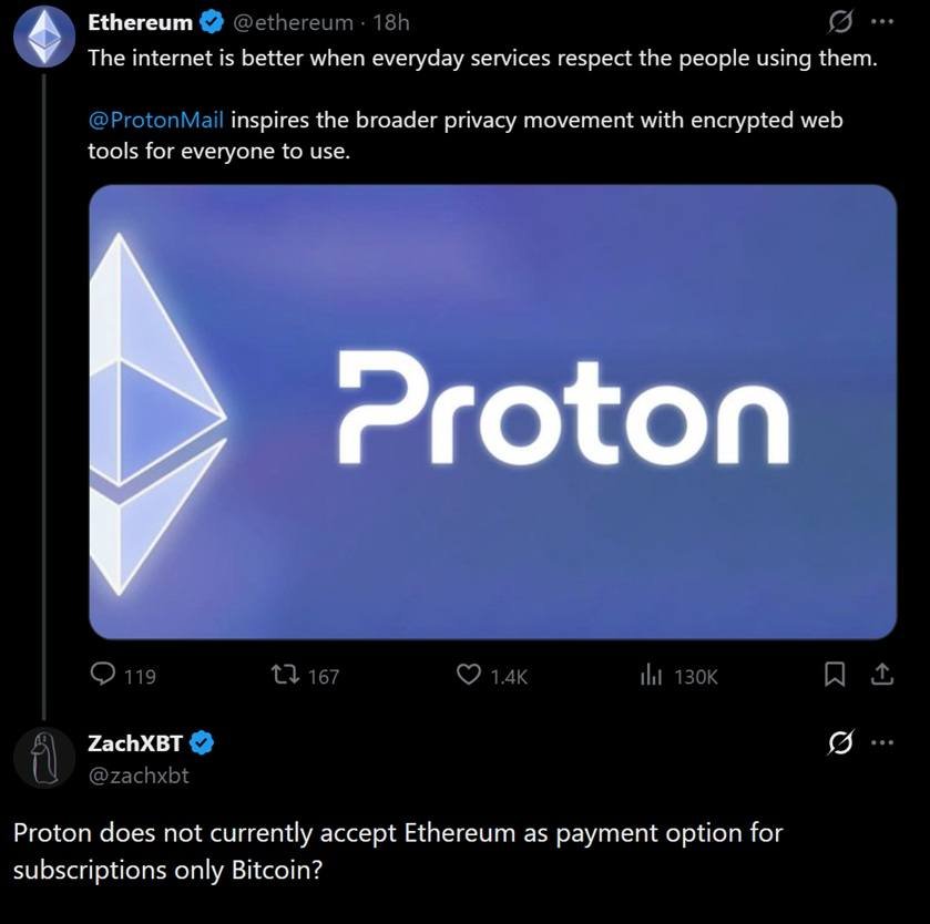 Ethereum's X Account Gets Fact-Checked by ZachXBT: 'Proton Takes Bitcoin, Not ETH, for Subscriptions'