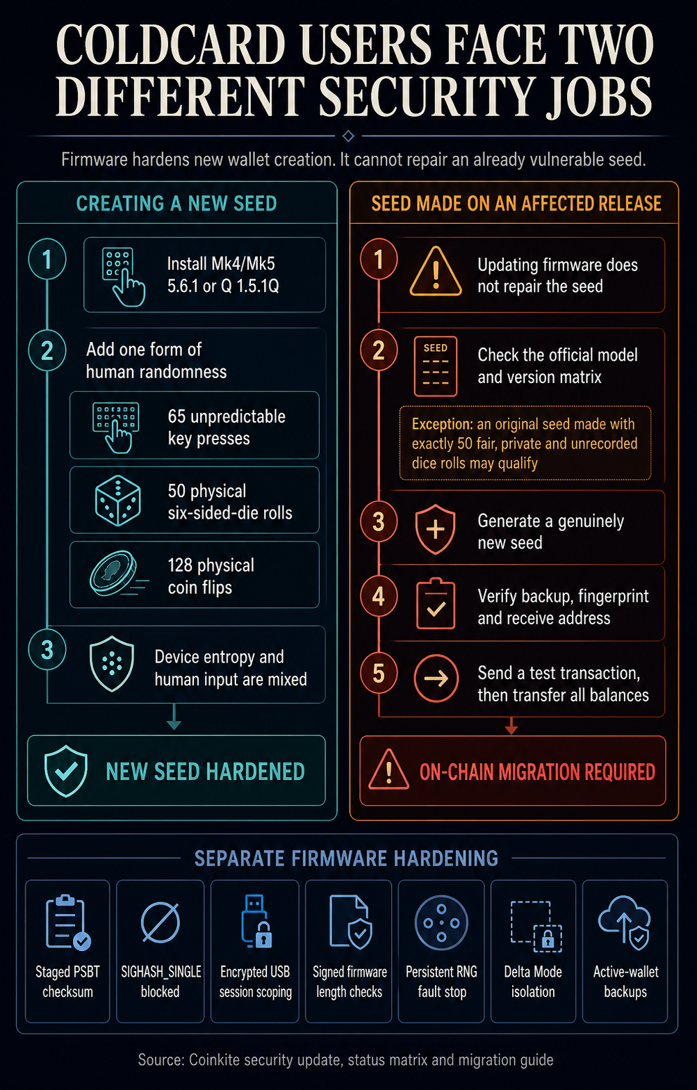 Coldcard now requires 65 key presses after seed exploit, while exposed funds still must move Coldcard now requires 65 key presses after seed exploit, while exposed funds still must move