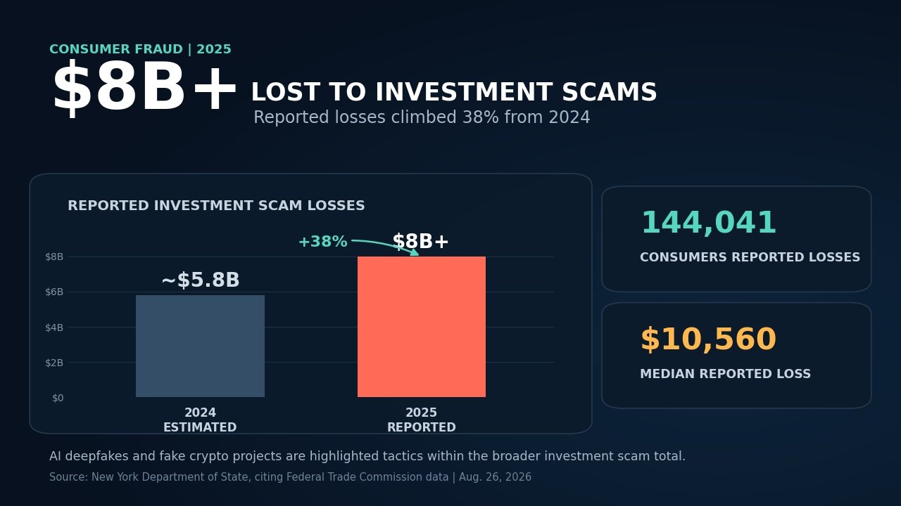 New York Warns of Fake Crypto and AI as Scam Losses Hit $8 Billion