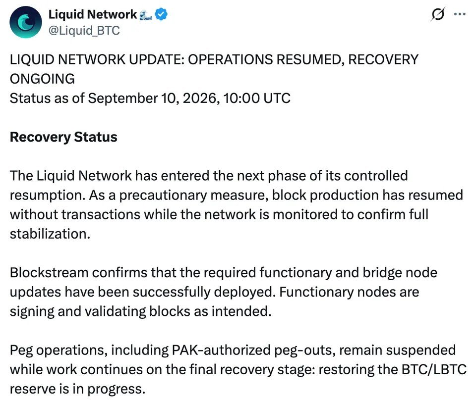 Liquid Network resumes block production after $320M exploit